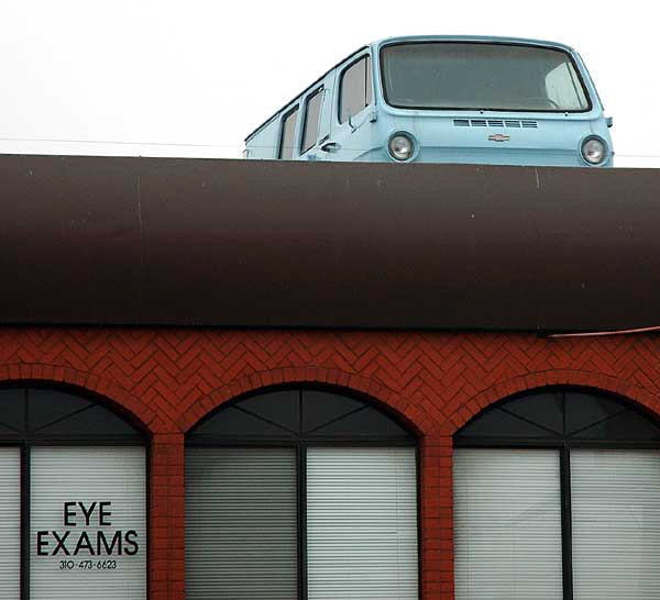 Blue Chevrolet van on rooftop since the mid-sixties - West Pico Boulevard, West Los Angeles