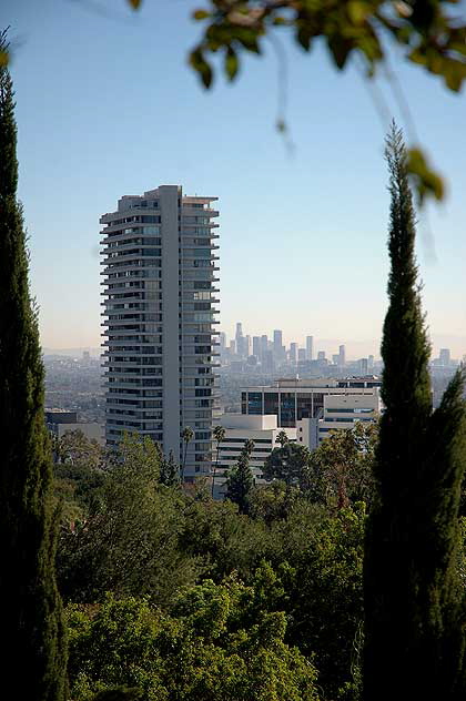 View southeast from gardens at Greystone Mansion, Beverly Hills - Sierra Tower on the Sunset Strip to downtown LA