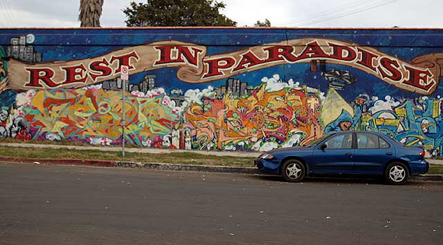"Rest in Paradise" mural on the south side of Venice Boulevard at Cloverdale 