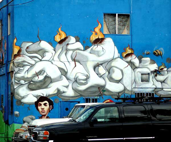 Blue graffiti wall, Pacific near South Venice Boulevard, Venice Beach