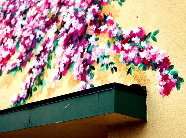 Detail of the "flower" mural, unattributed, at F & S Fabrics, 10629 West Pico Boulevard, West Los Angeles