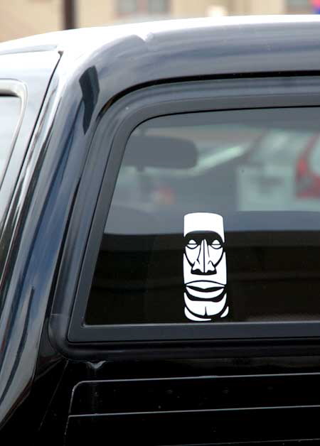 Tiki sign in pickup truck window, West Pico Boulevard, Los Angeles