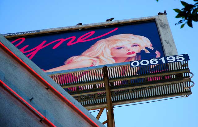 Angeline billboard with pink neon and pigeons, Hollywood Boulevard