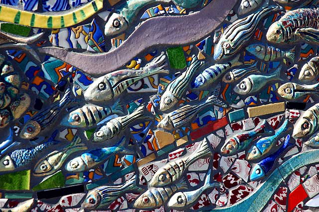 Fish mosaics on the outside walls of the public restrooms, Oceanfront Walk, Venice Beach