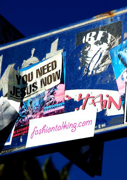 Jesus sticker on street sign, Oceanfront Walk, Venice Beach