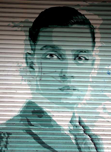 Buster Keaton graphic on roll-up door, Hollywood Boulevard