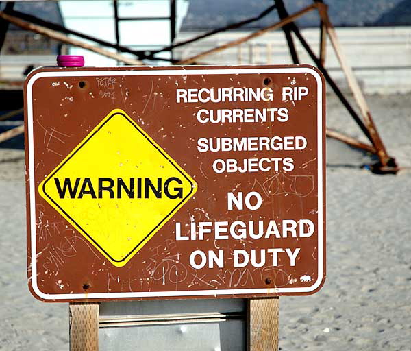 Warning sign, rip currents, South Carlsbad Beach, San Diego County - Christmas Day, 2007