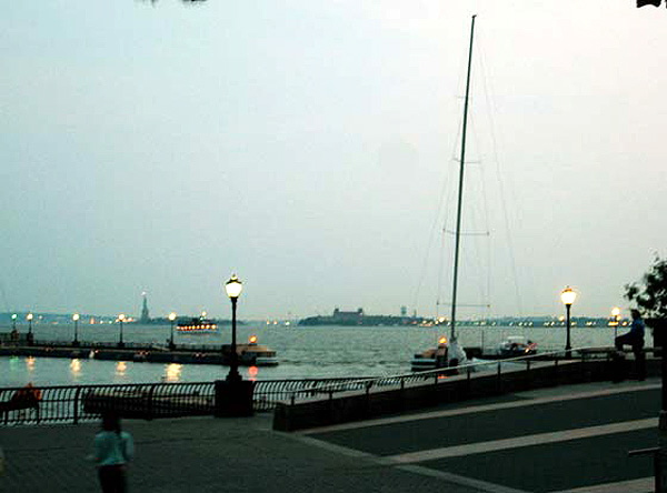 New York City harbor at twilight,  SSW view