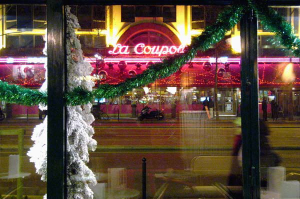 Paris, Christmas Day 2007 - "Across the street La Coupole looked particularly gaudy and sparkly, but the boulevard itself was nearly empty of traffic."