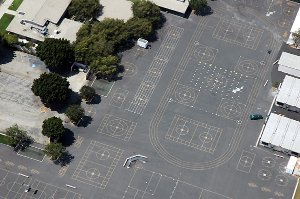 School playground seen from the Goodyear Blimp