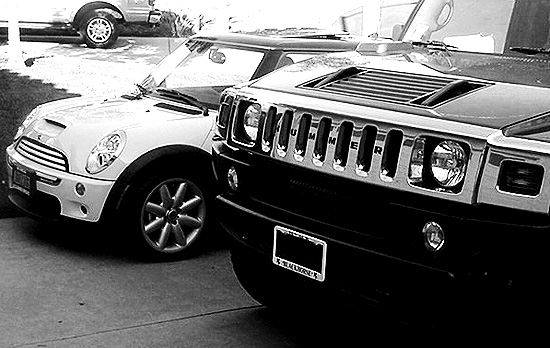 Hummer H2 and Mini Cooper side-by-side...