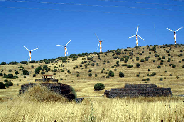 Old Syrian bunkers and wind turbines, Golan Height
